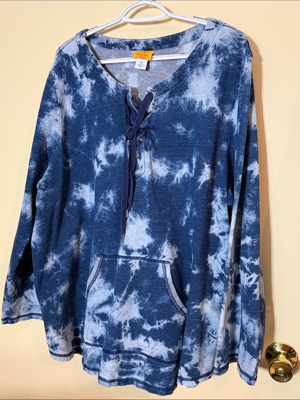 Ruby Rd. Navy Blue Tie-Dye Lace-Up shirt